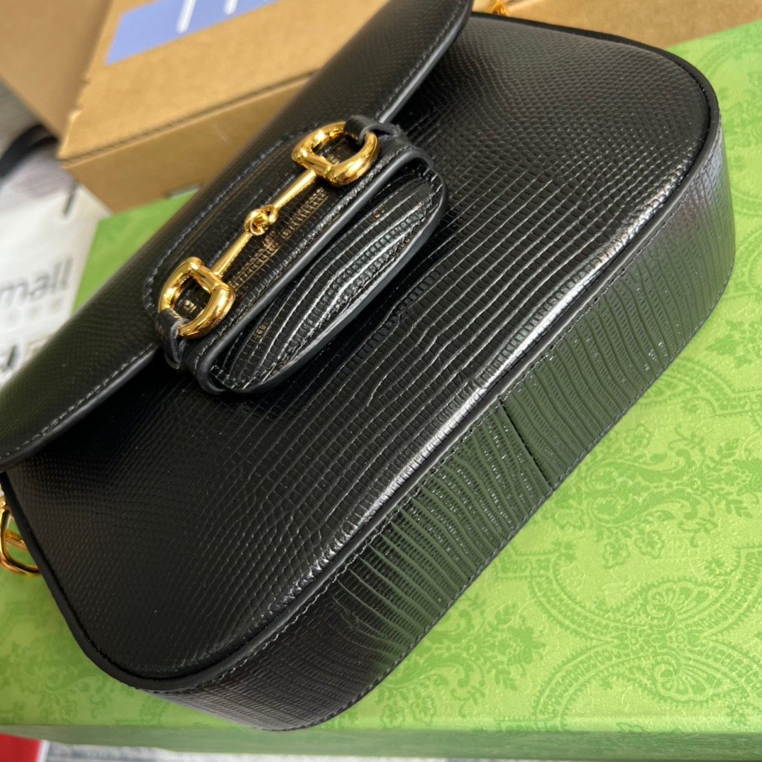 Gucci Horsebit 1955 Lizard Mini Bag Black For Women, Women’s Bags 8in/20cm GG