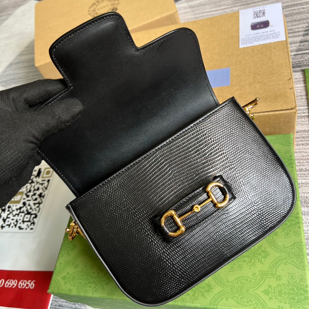 Gucci Horsebit 1955 Lizard Mini Bag Black For Women, Women’s Bags 8in/20cm GG