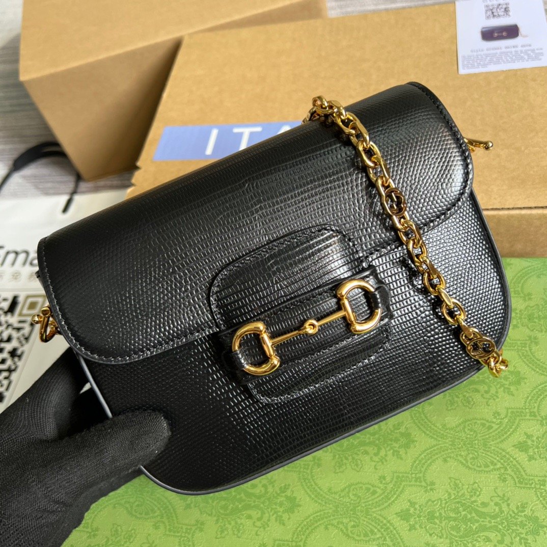 Gucci Horsebit 1955 Lizard Mini Bag Black For Women, Women’s Bags 8in/20cm GG
