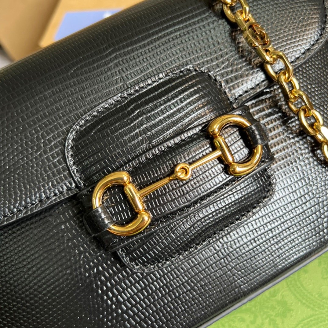 Gucci Horsebit 1955 Lizard Mini Bag Black For Women, Women’s Bags 8in/20cm GG