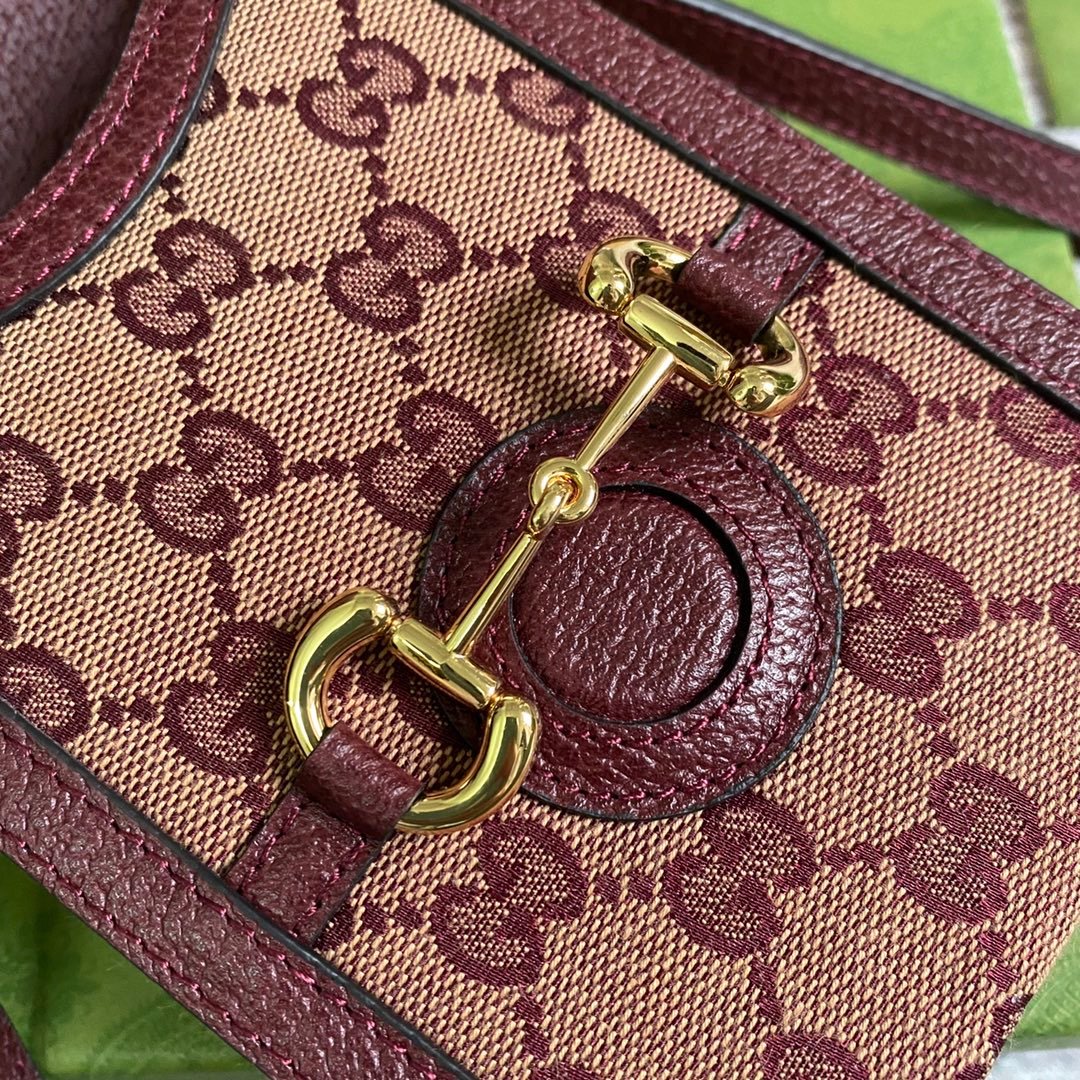 Gucci Horsebit 1955 Mini Bag Beige And Burgundy GG Supreme Canvas For Women  6.7in/17cm GG 625615F6B3G9865