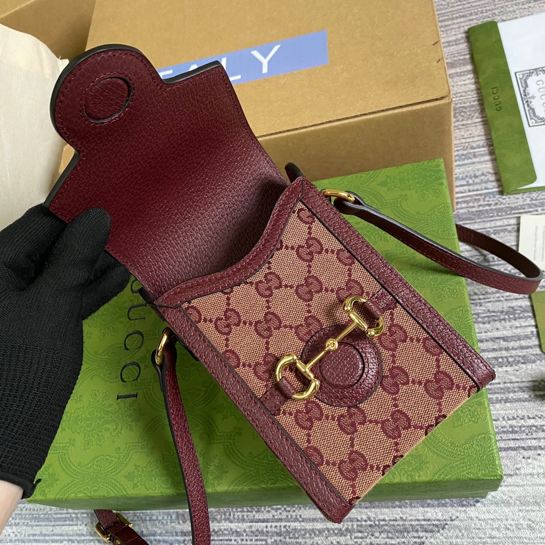 Gucci Horsebit 1955 Mini Bag Beige And Burgundy GG Supreme Canvas For Women  6.7in/17cm GG 625615F6B3G9865