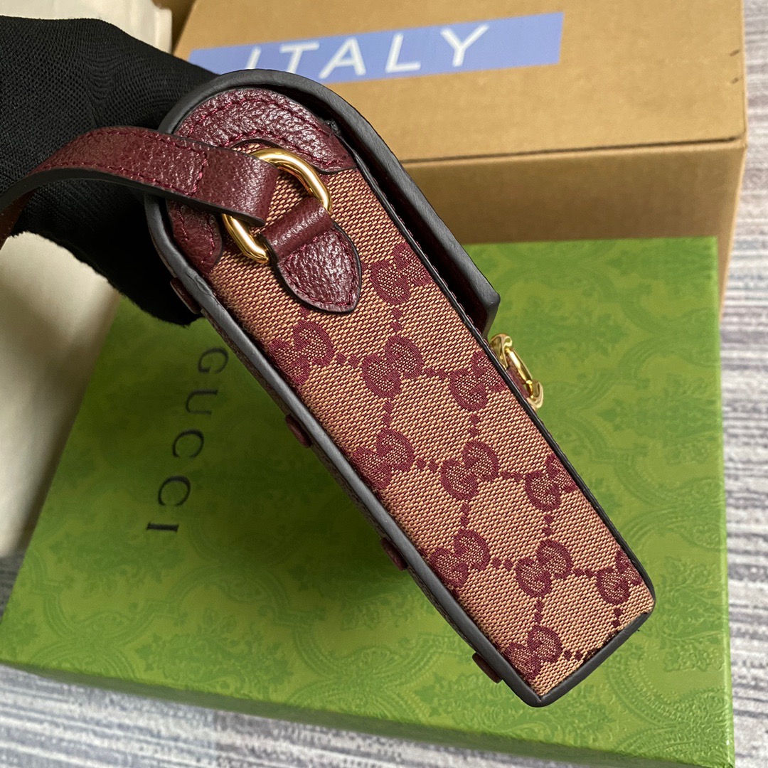 Gucci Horsebit 1955 Mini Bag Beige And Burgundy GG Supreme Canvas For Women  6.7in/17cm GG 625615F6B3G9865