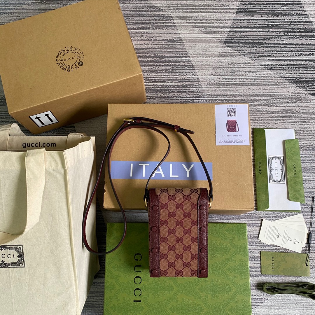 Gucci Horsebit 1955 Mini Bag Beige And Burgundy GG Supreme Canvas For Women  6.7in/17cm GG 625615F6B3G9865