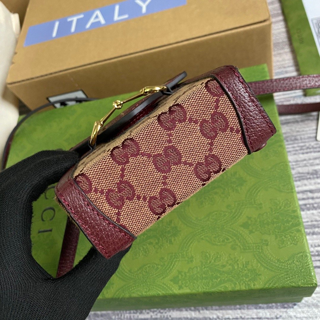 Gucci Horsebit 1955 Mini Bag Beige And Burgundy GG Supreme Canvas For Women  6.7in/17cm GG 625615F6B3G9865