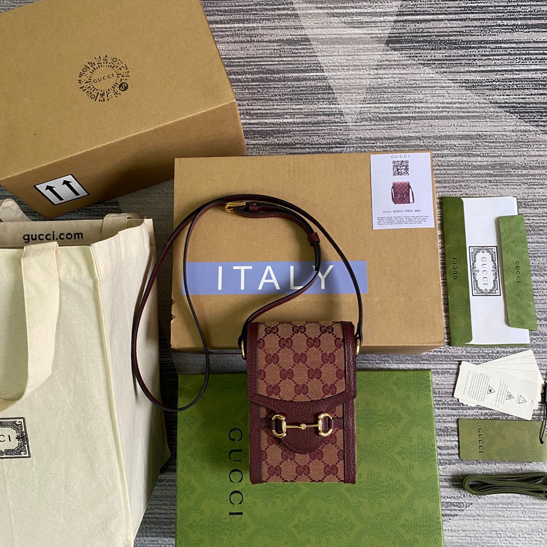 Gucci Horsebit 1955 Mini Bag Beige And Burgundy GG Supreme Canvas For Women  6.7in/17cm GG 625615F6B3G9865