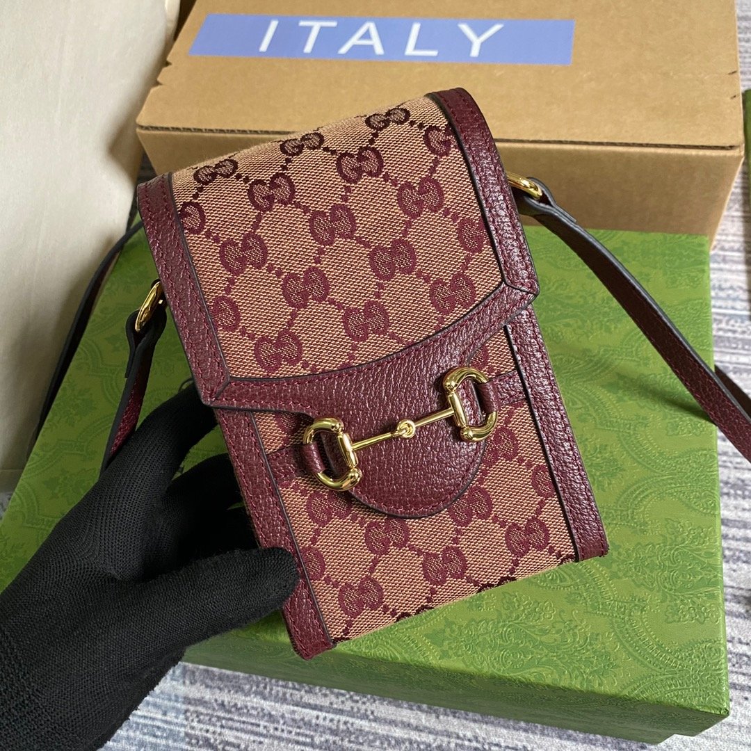Gucci Horsebit 1955 Mini Bag Beige And Burgundy GG Supreme Canvas For Women  6.7in/17cm GG 625615F6B3G9865