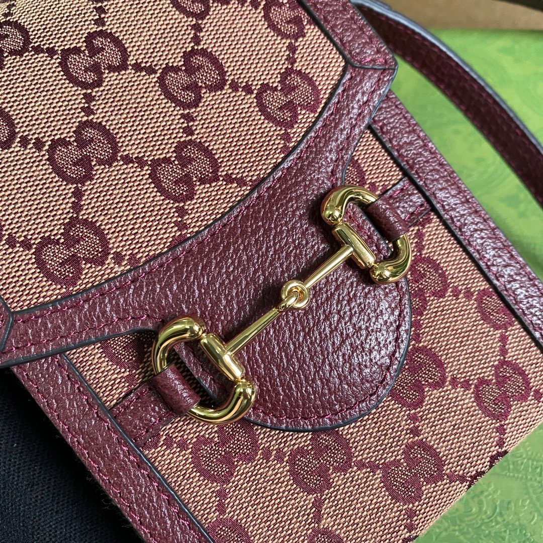 Gucci Horsebit 1955 Mini Bag Beige And Burgundy GG Supreme Canvas For Women  6.7in/17cm GG 625615F6B3G9865