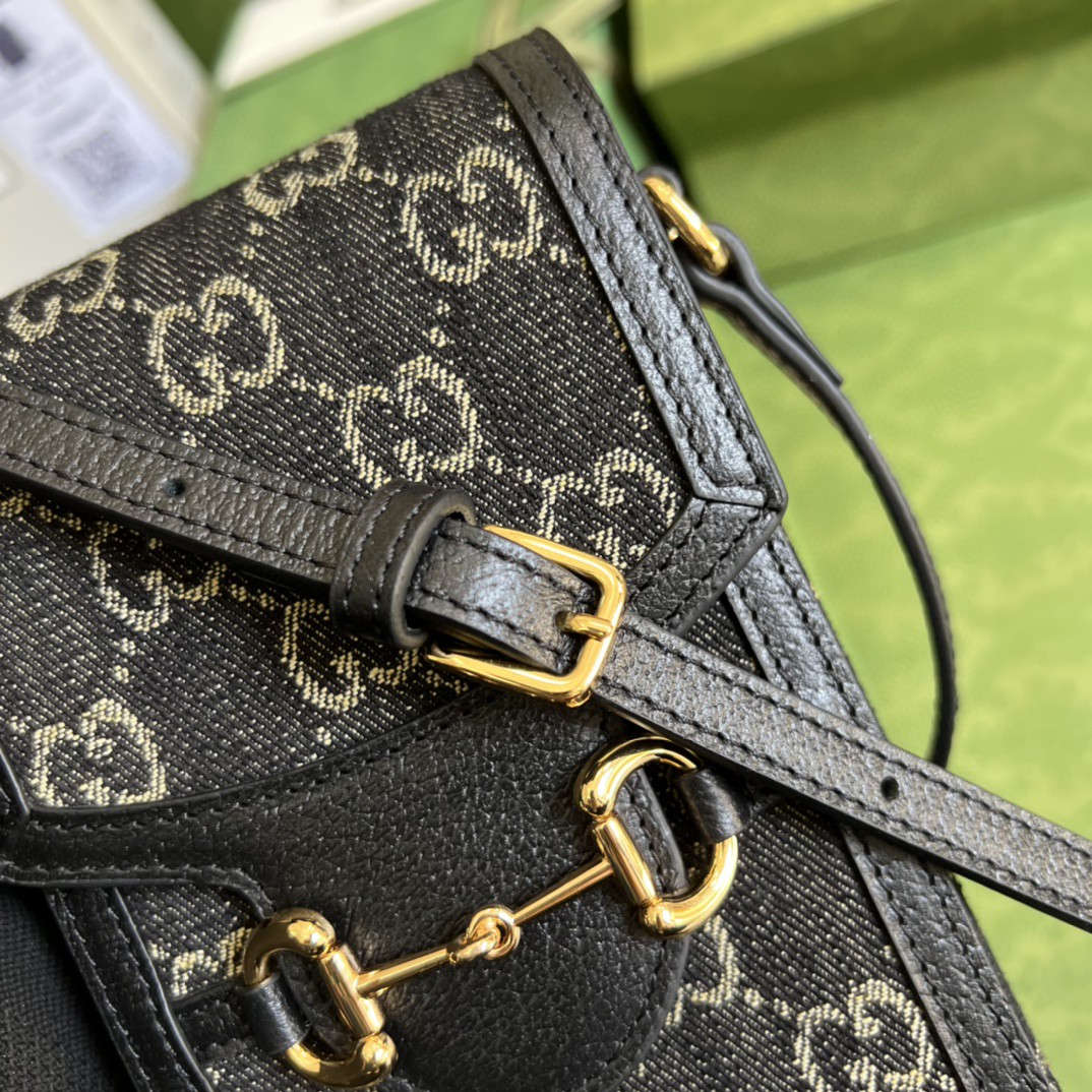 Gucci Horsebit 1955 Mini Bag Black And Ivory GG Denim Jacquard For Women 6.7in/17cm 625615 UN3BG 1274