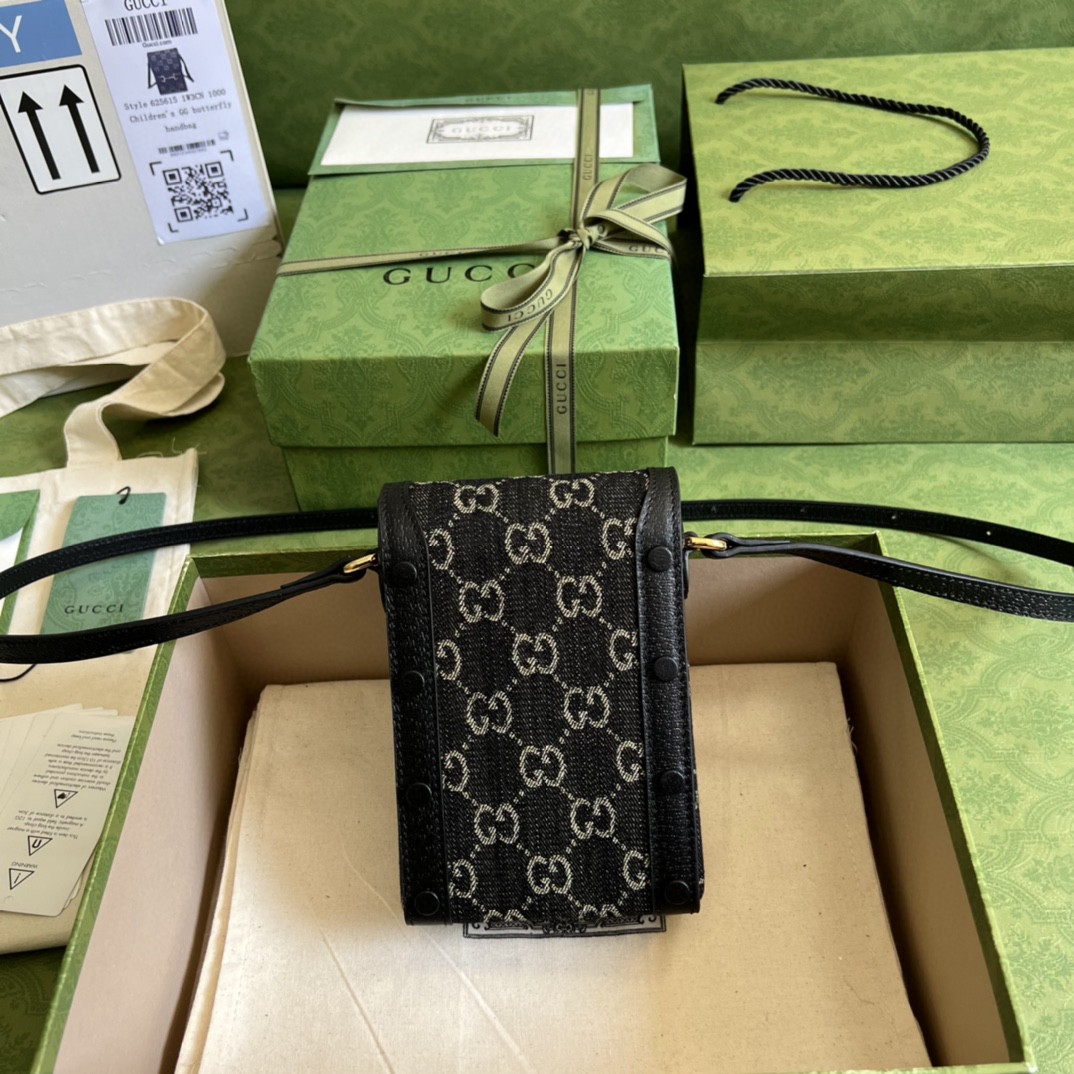 Gucci Horsebit 1955 Mini Bag Black And Ivory GG Denim Jacquard For Women 6.7in/17cm 625615 UN3BG 1274
