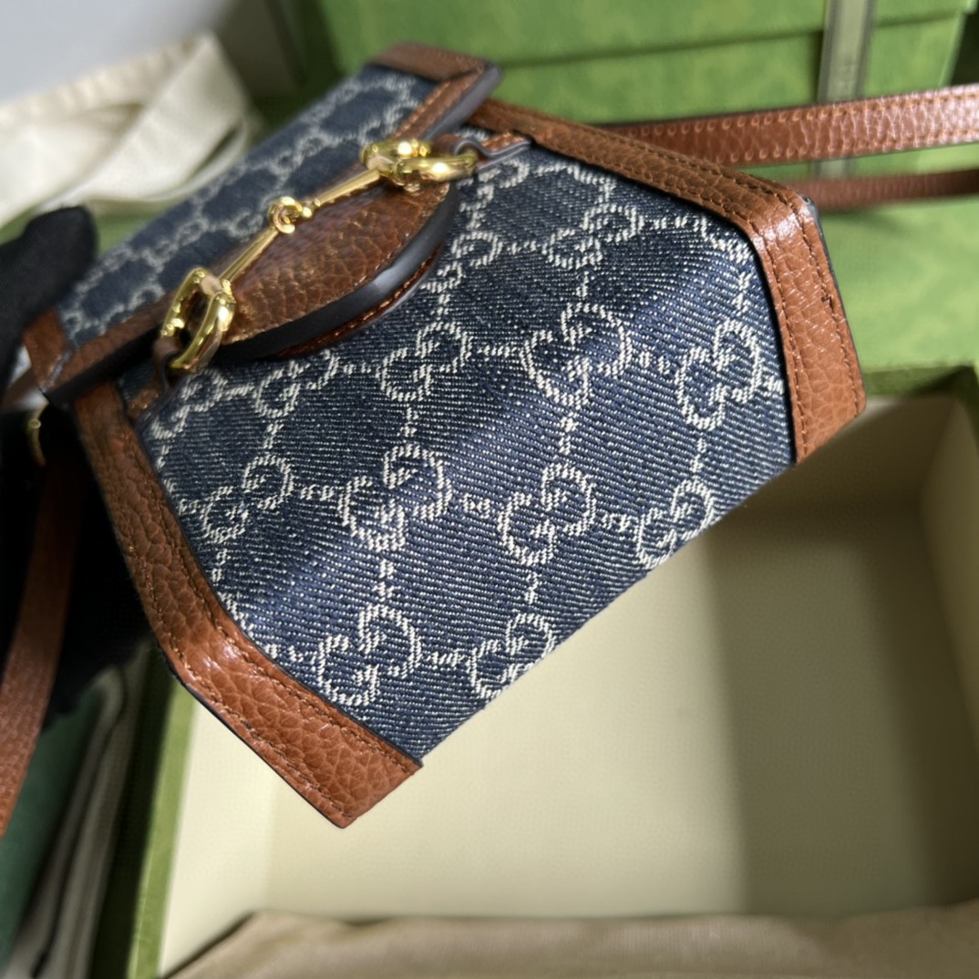 Gucci Horsebit 1955 Mini Bag Blue And Ivory GG Denim Jacquard For Women 6.7in/17cm 625615 2KQGG 8375