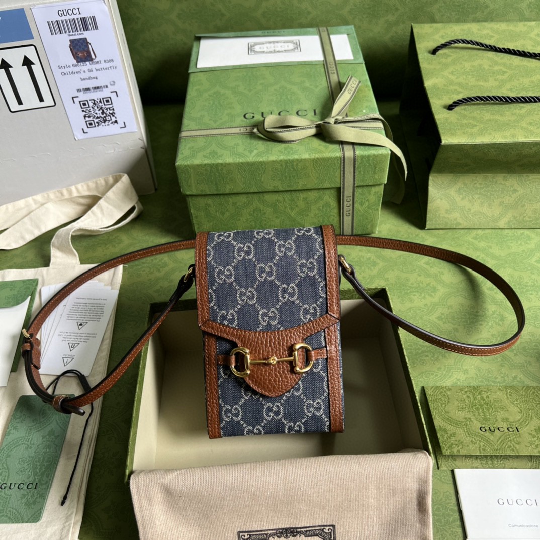 Gucci Horsebit 1955 Mini Bag Blue And Ivory GG Denim Jacquard For Women 6.7in/17cm 625615 2KQGG 8375