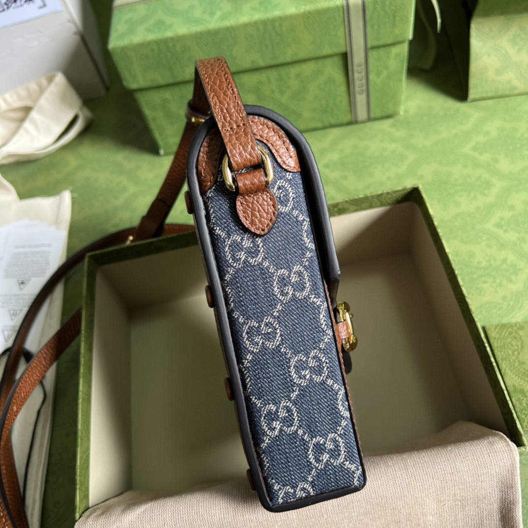 Gucci Horsebit 1955 Mini Bag Blue And Ivory GG Denim Jacquard For Women 6.7in/17cm 625615 2KQGG 8375