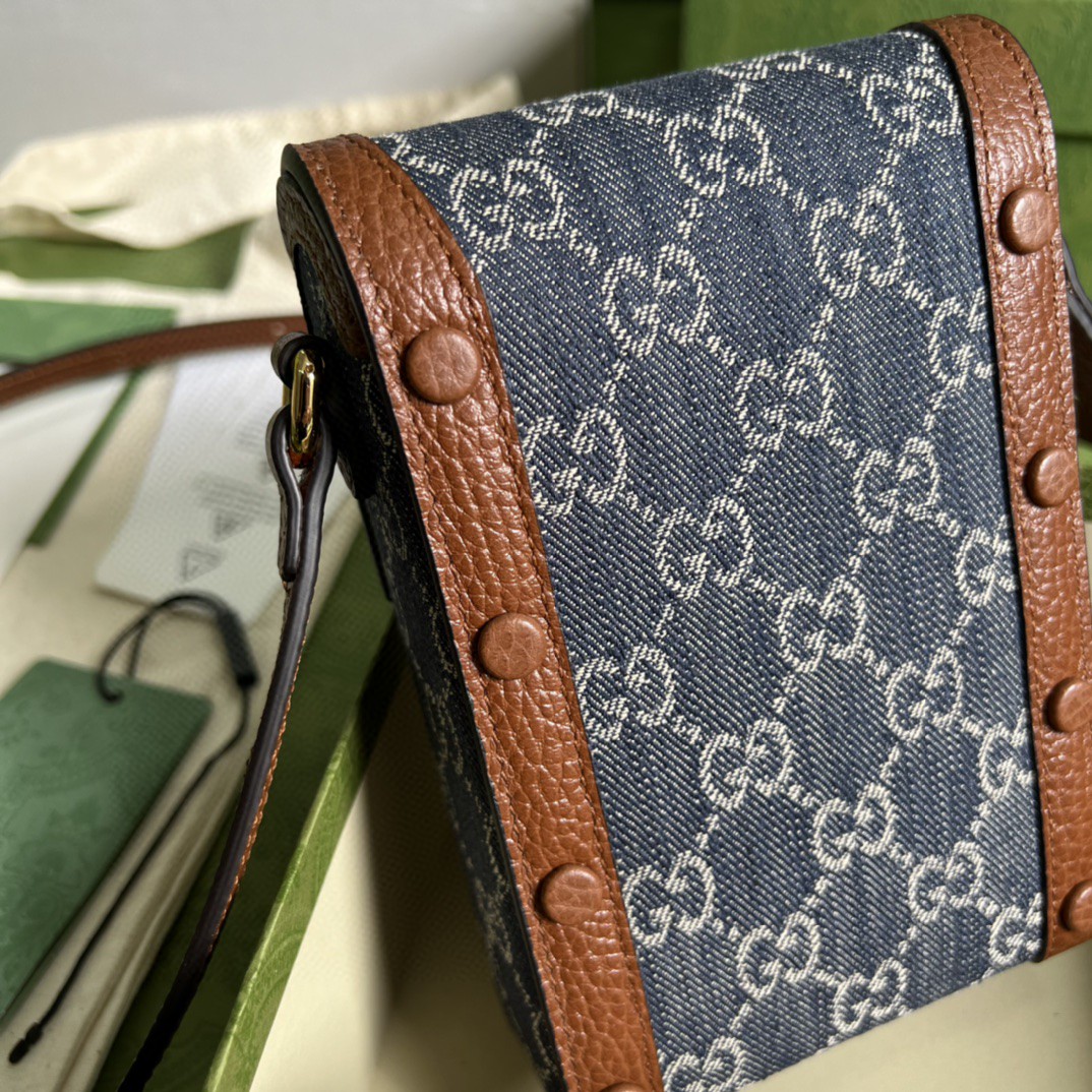 Gucci Horsebit 1955 Mini Bag Blue And Ivory GG Denim Jacquard For Women 6.7in/17cm 625615 2KQGG 8375
