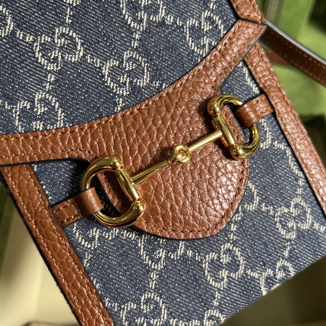 Gucci Horsebit 1955 Mini Bag Blue And Ivory GG Denim Jacquard For Women 6.7in/17cm 625615 2KQGG 8375