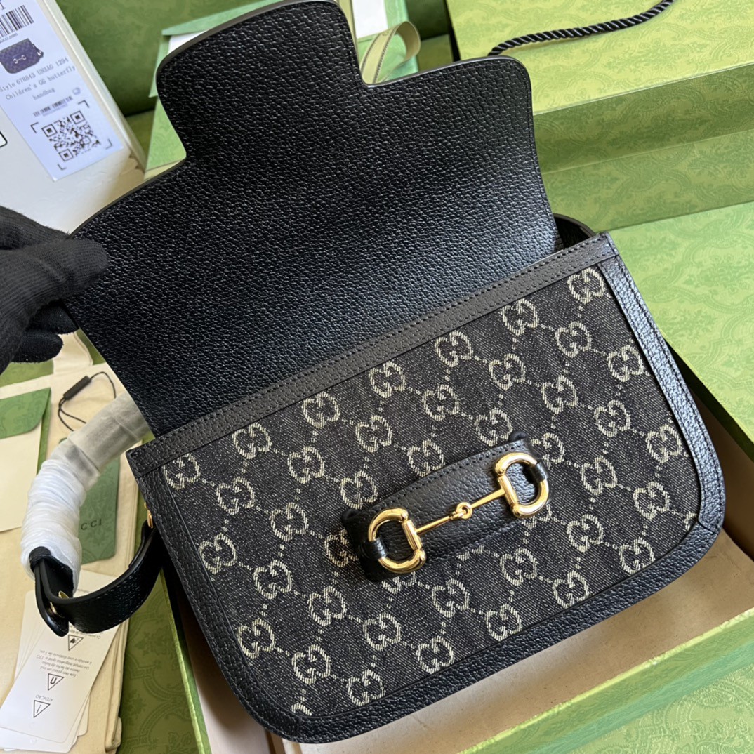 Gucci Horsebit 1955 Shoulder Bag Black And Ivory GG Denim Jacquard For Women 9.8in/25cm 602204 UN3BG 1274