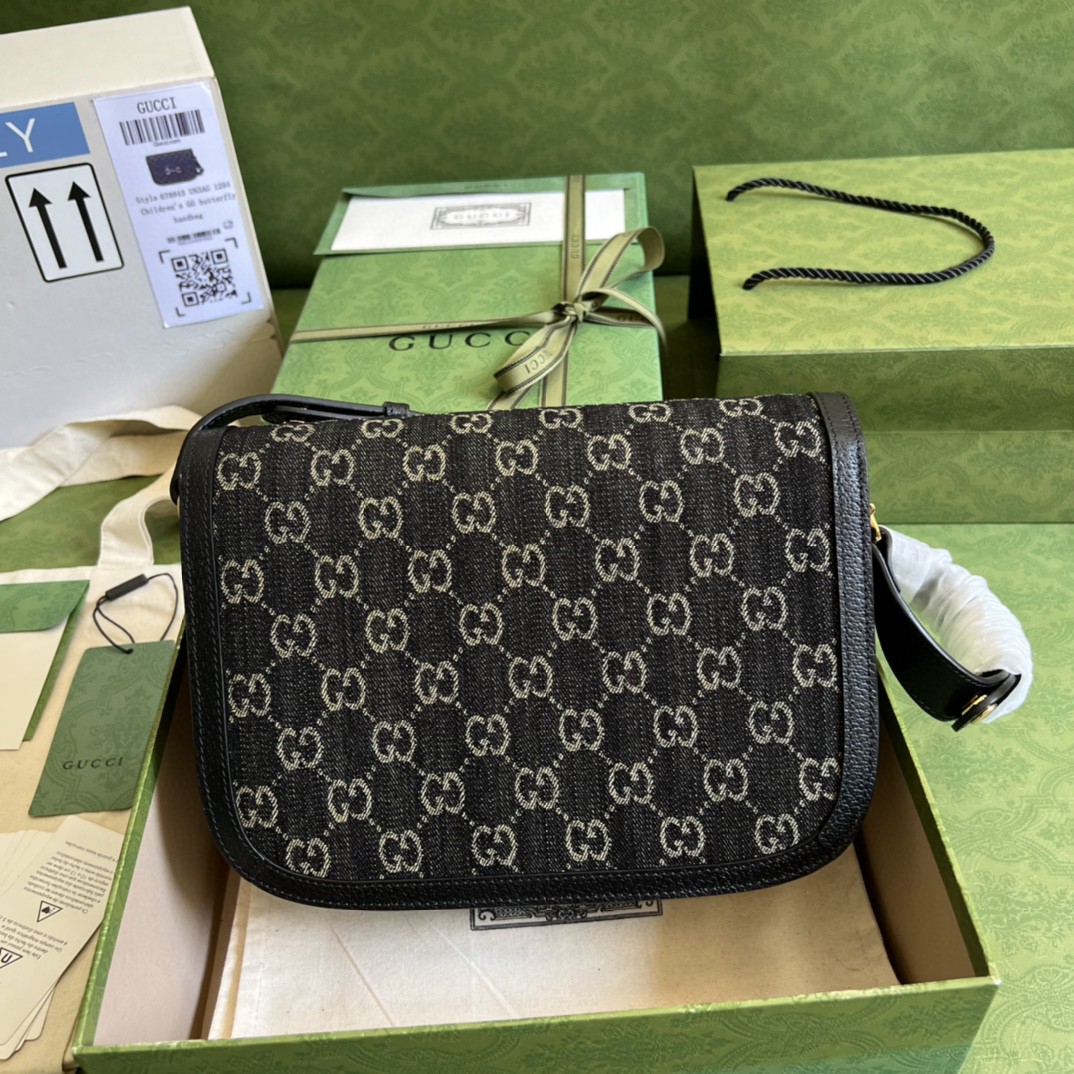 Gucci Horsebit 1955 Shoulder Bag Black And Ivory GG Denim Jacquard For Women 9.8in/25cm 602204 UN3BG 1274