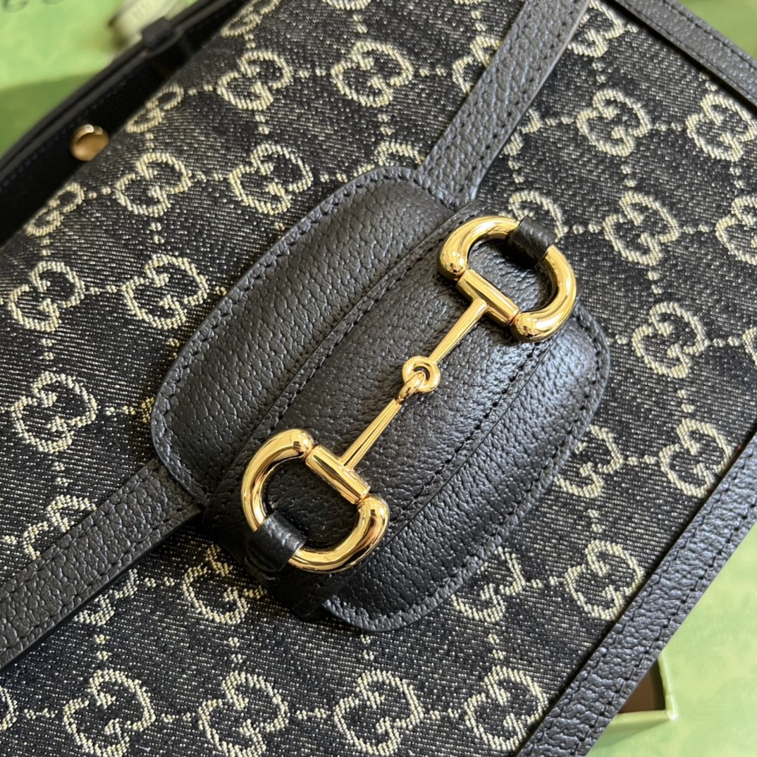 Gucci Horsebit 1955 Shoulder Bag Black And Ivory GG Denim Jacquard For Women 9.8in/25cm 602204 UN3BG 1274