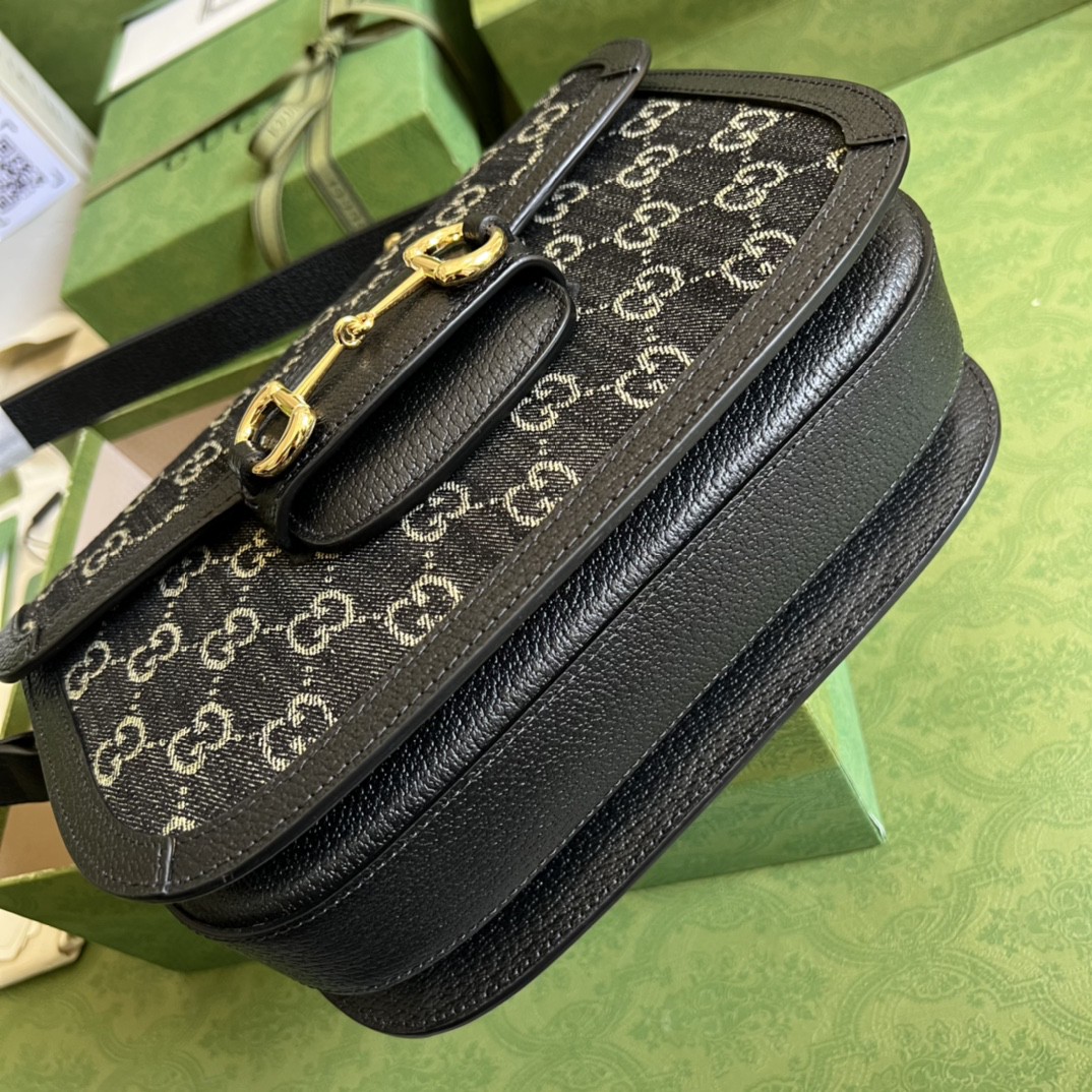 Gucci Horsebit 1955 Shoulder Bag Black And Ivory GG Denim Jacquard For Women 9.8in/25cm 602204 UN3BG 1274