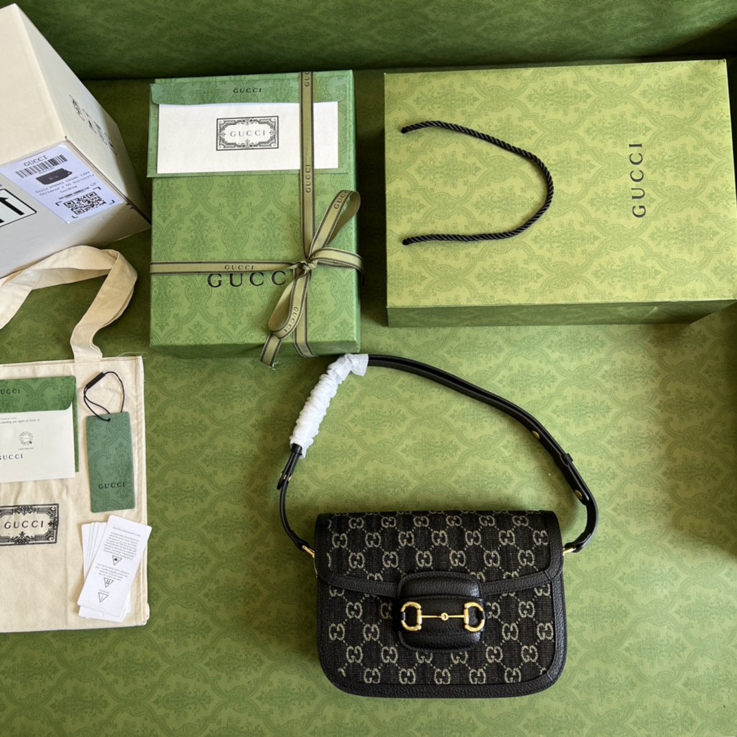 Gucci Horsebit 1955 Shoulder Bag Black And Ivory GG Denim Jacquard For Women 9.8in/25cm 602204 UN3BG 1274