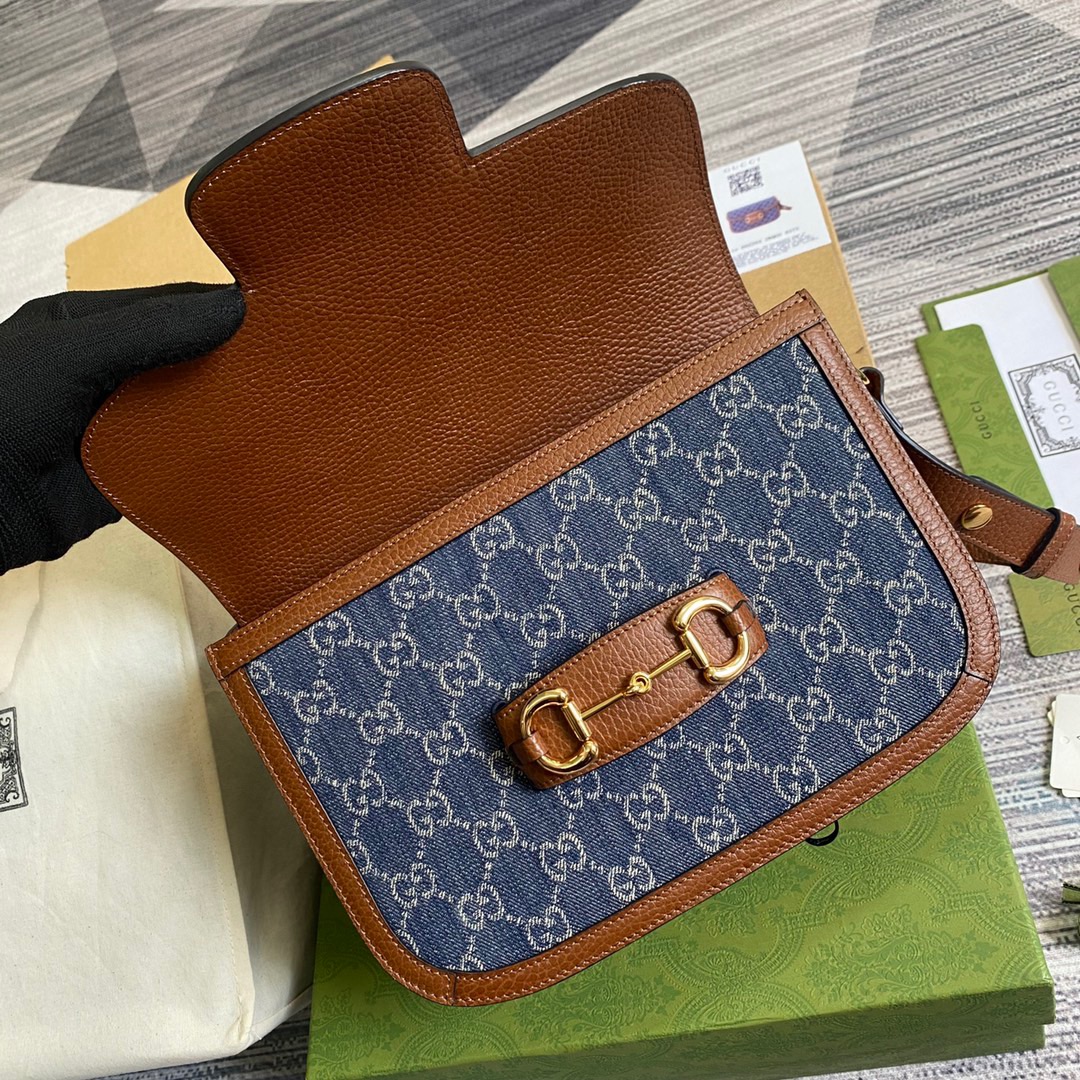 Gucci Horsebit 1955 Shoulder Bag Blue And Ivory For Women, Women’s Bags 9.8in/25cm GG