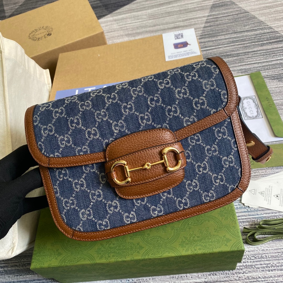Gucci Horsebit 1955 Shoulder Bag Blue And Ivory For Women, Women’s Bags 9.8in/25cm GG