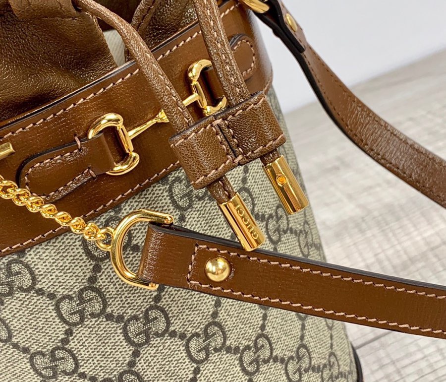 Gucci Horsebit 1955 Small Bucket Bag In GG Supreme Canvas Brown For Women 7.5in/19cm GG 637115 92TPG 8563