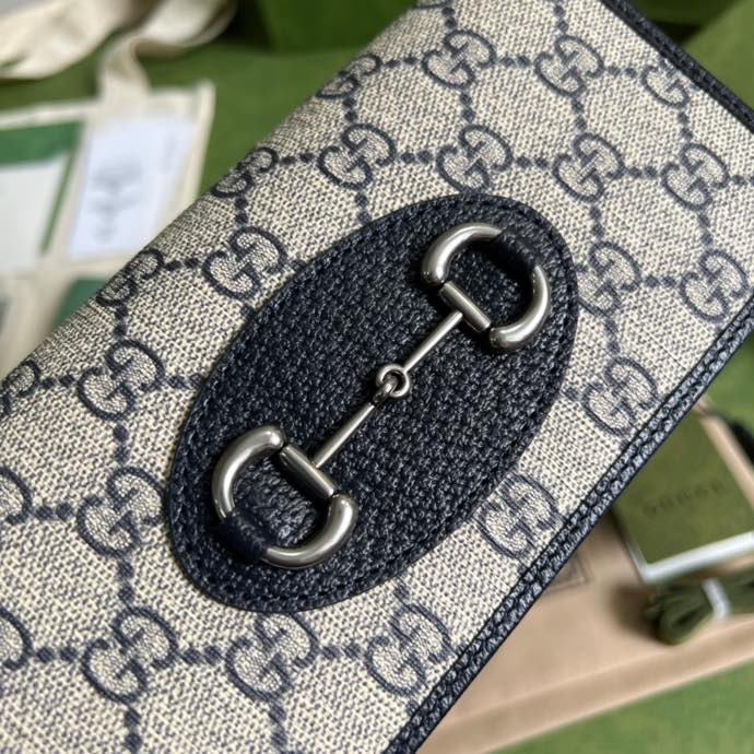 Gucci Horsebit 1955 Wallet With Chain Beige And Blue For Women 7.5in/19cm GG
