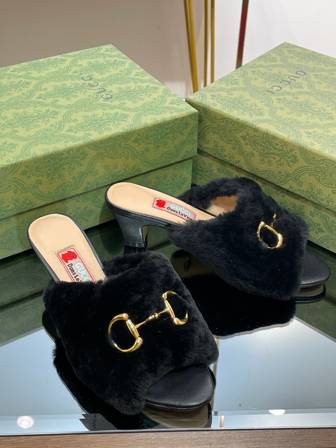 Gucci Horsebit Slide Sandal With Fur Black For Women
