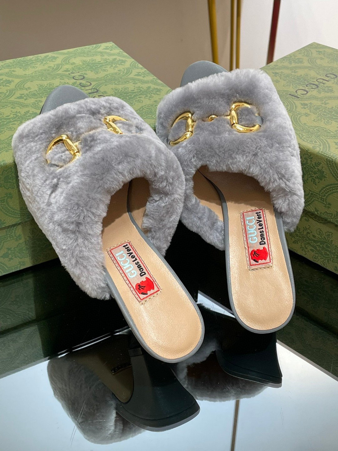 Gucci Horsebit Slide Sandal With Fur Grey For Women