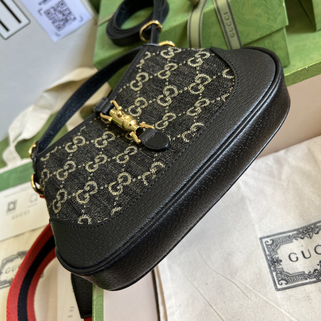 Gucci Jackie 1961 Mini Shoulder Bag Black And Ivory GG Denim Jacquard For Women 7.5in/19cm GG 685127 UN3AG 1294