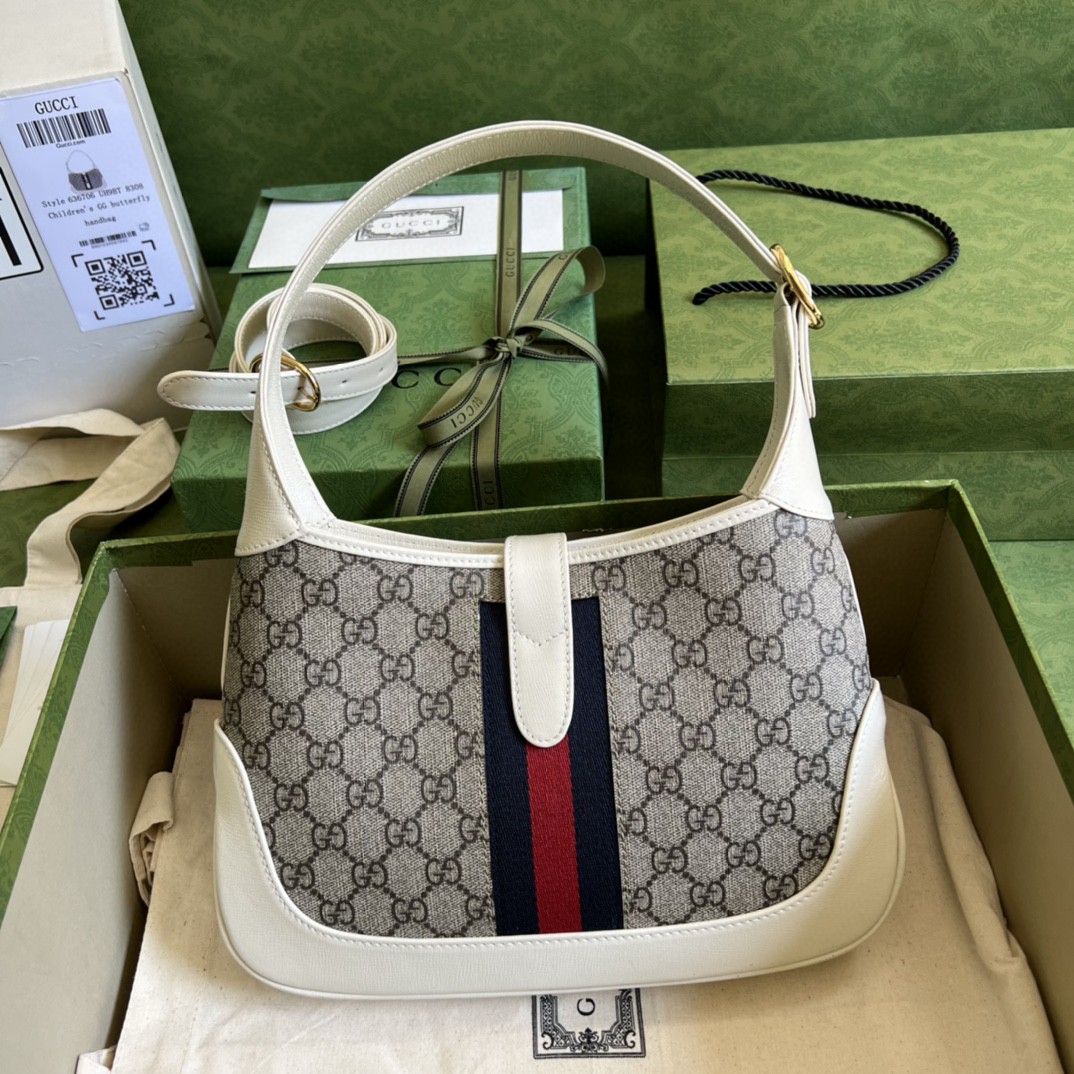 Gucci Jackie 1961 Small Shoulder Bag Beige And Ebony GG Supreme Canvas For Women 11in/28cm 636706 HUHHG 9794