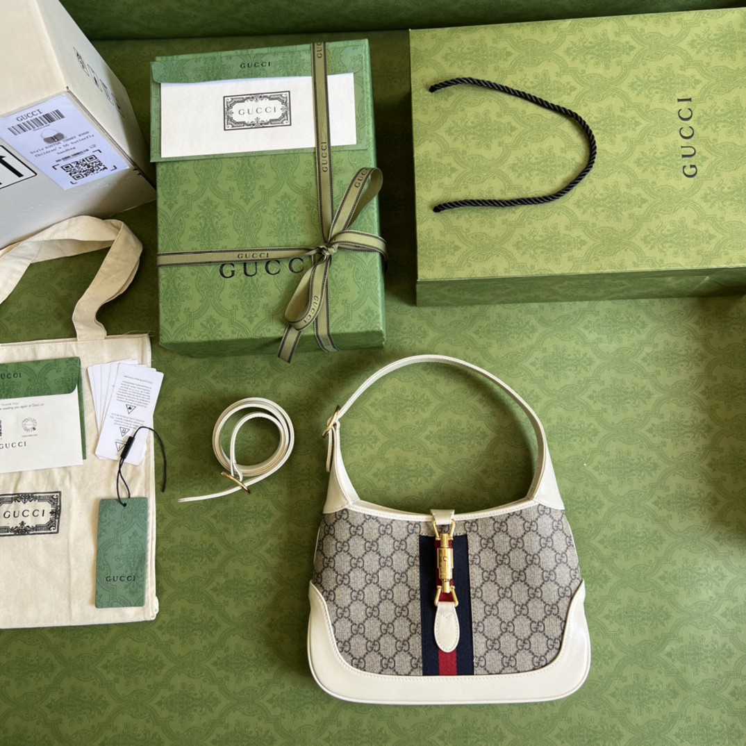 Gucci Jackie 1961 Small Shoulder Bag Beige And Ebony GG Supreme Canvas For Women 11in/28cm 636706 HUHHG 9794