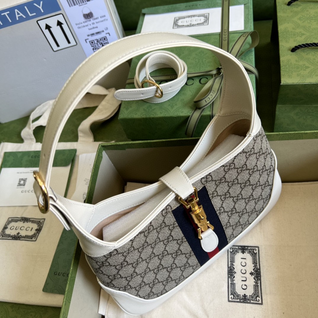 Gucci Jackie 1961 Small Shoulder Bag Beige And Ebony GG Supreme Canvas For Women 11in/28cm 636706 HUHHG 9794
