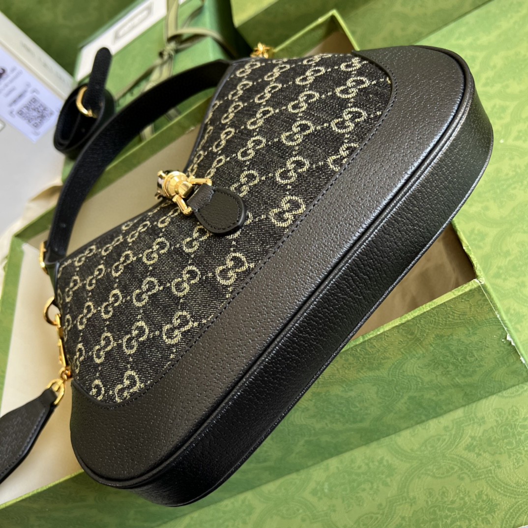 Gucci Jackie 1961 Small Shoulder Bag Black And Ivory GG Denim Jacquard For Women 11in/28cm 678843 UN3AG 1294