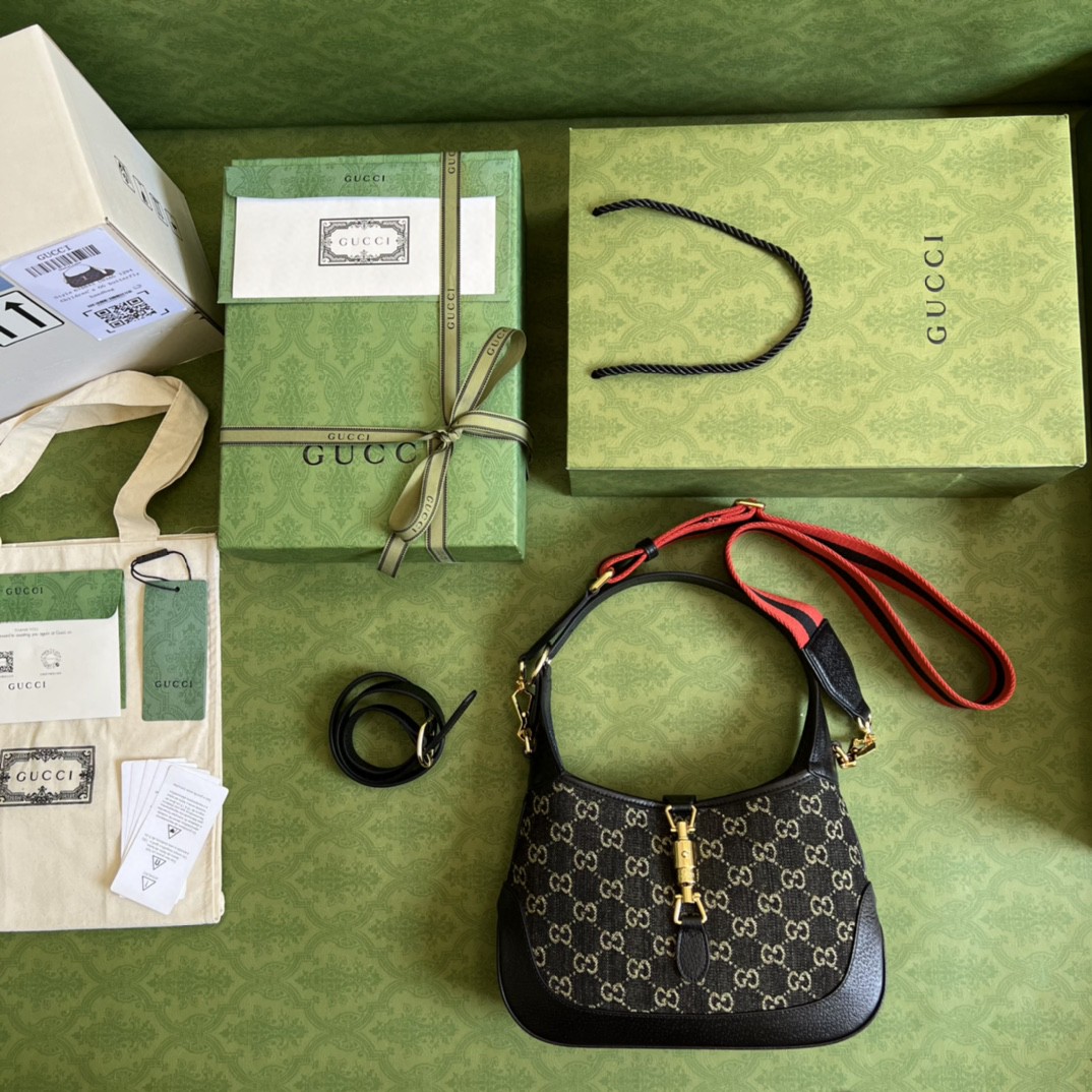 Gucci Jackie 1961 Small Shoulder Bag Black And Ivory GG Denim Jacquard For Women 11in/28cm 678843 UN3AG 1294