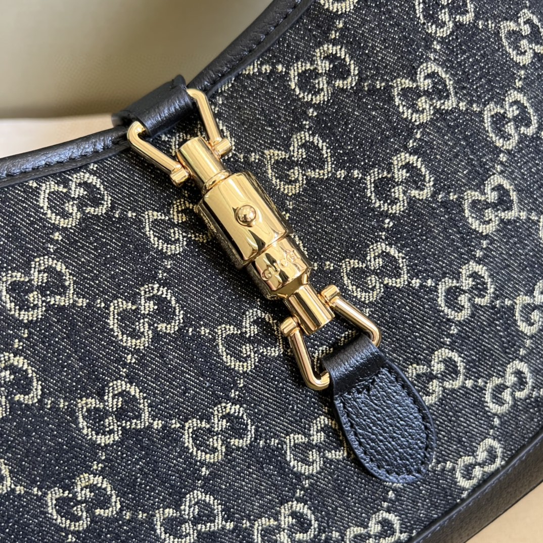 Gucci Jackie 1961 Small Shoulder Bag Black And Ivory GG Denim Jacquard For Women 11in/28cm 678843 UN3AG 1294
