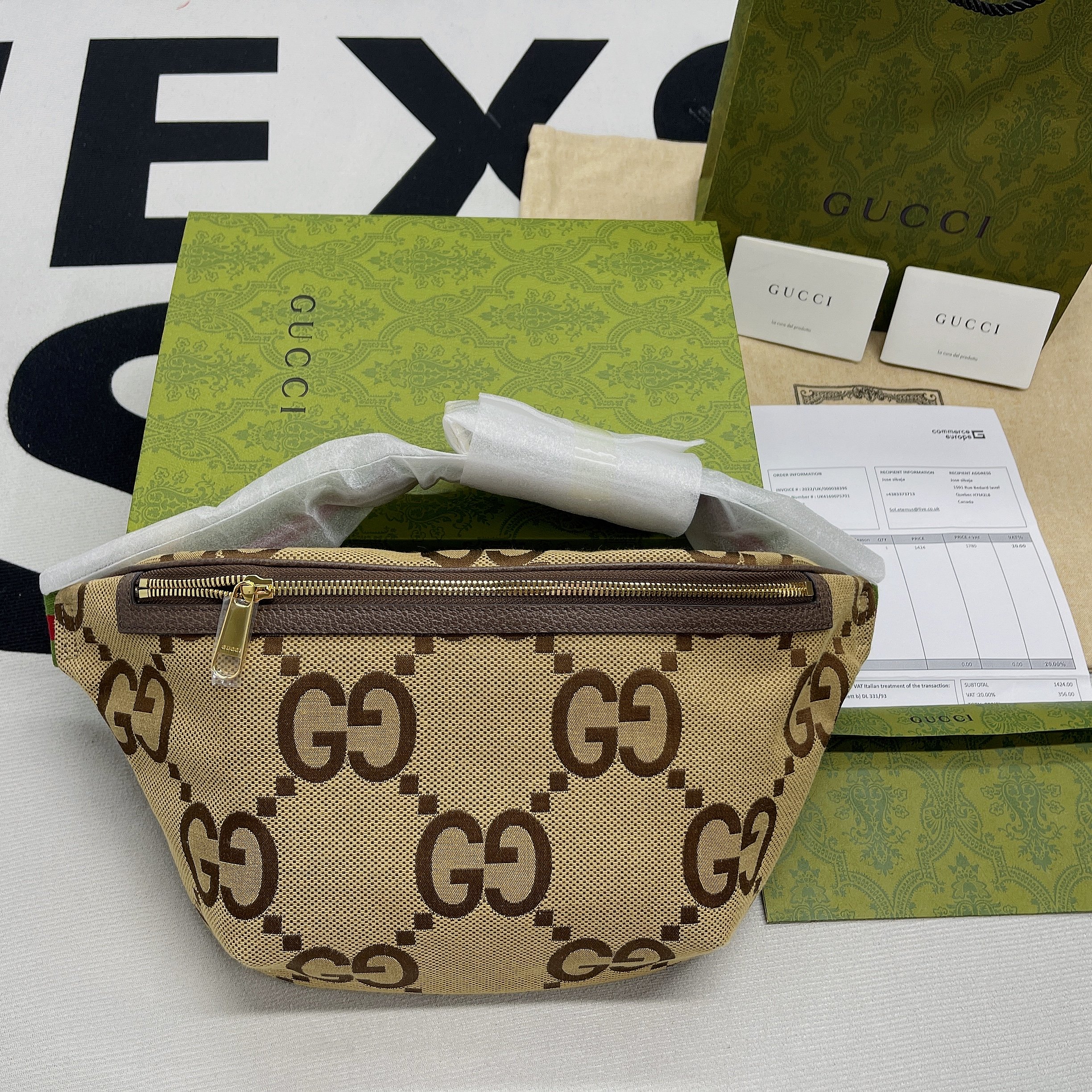 Gucci Jumbo GG Belt Bag Camel And Ebony Jumbo GG Canvas For Women  15.3in/39cm GG 696031 UKMDG 2570