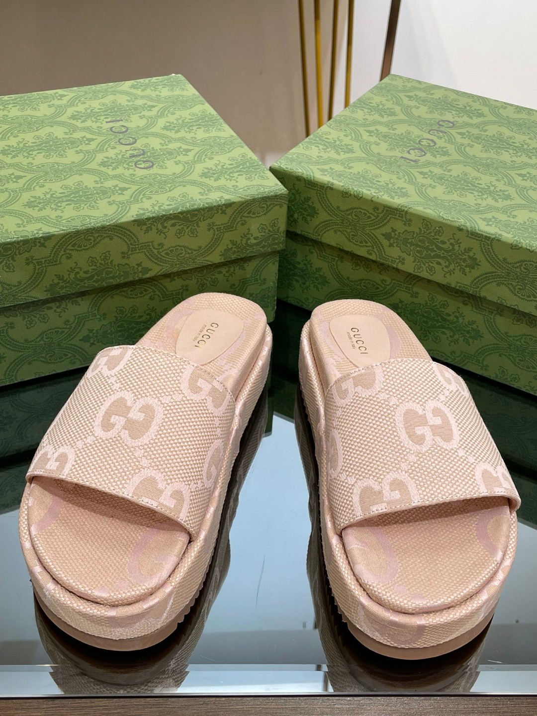 Gucci Jumbo Gg Platform Slide Sandal Beige For Women 730043 UKO00 8805