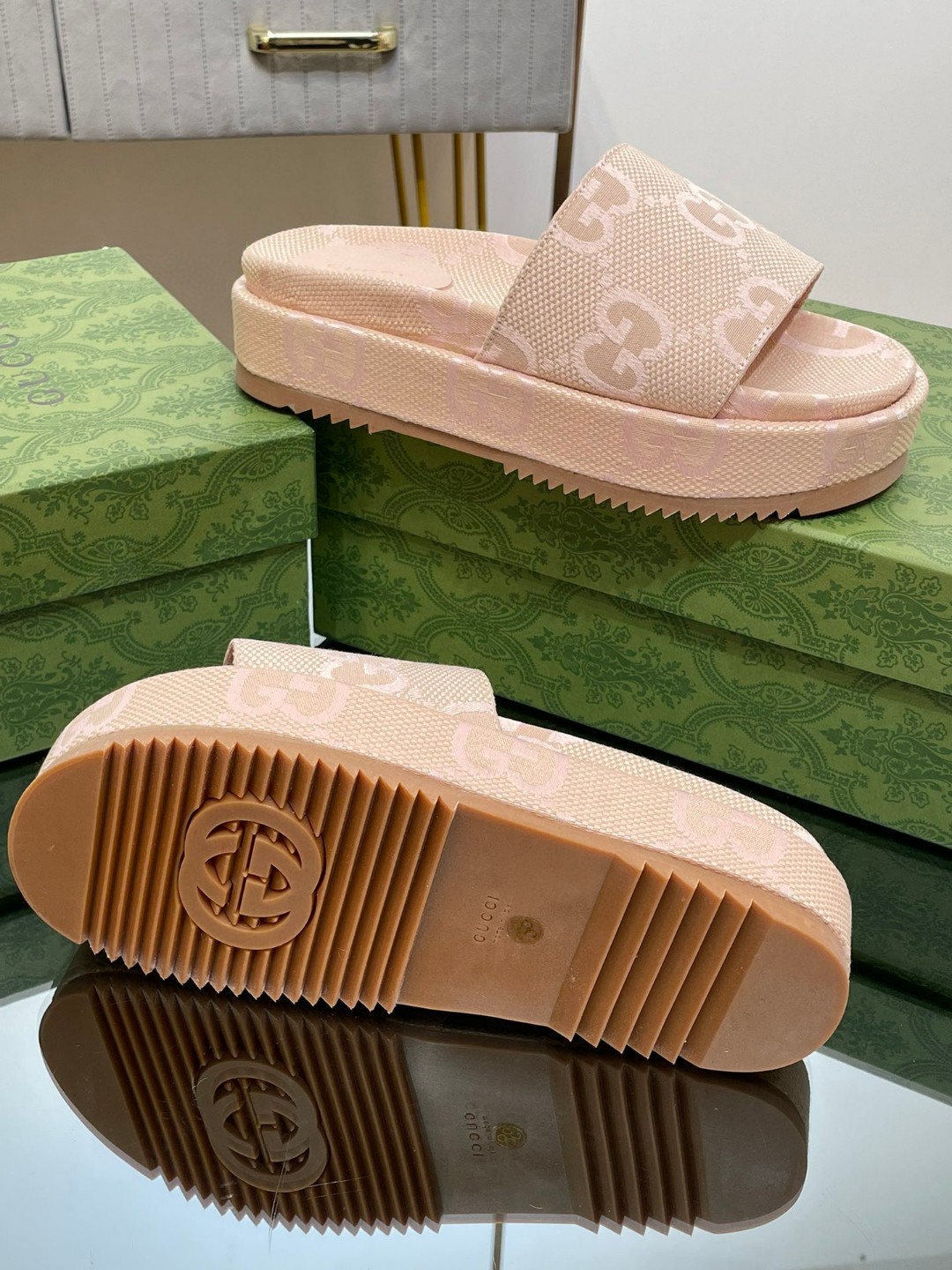 Gucci Jumbo Gg Platform Slide Sandal Beige For Women 730043 UKO00 8805