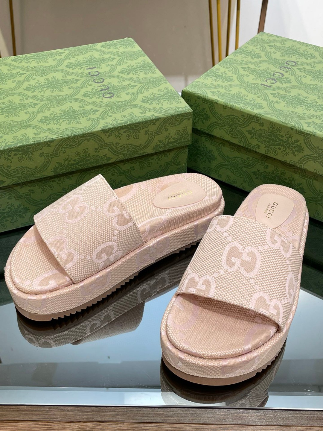 Gucci Jumbo Gg Platform Slide Sandal Beige For Women 730043 UKO00 8805