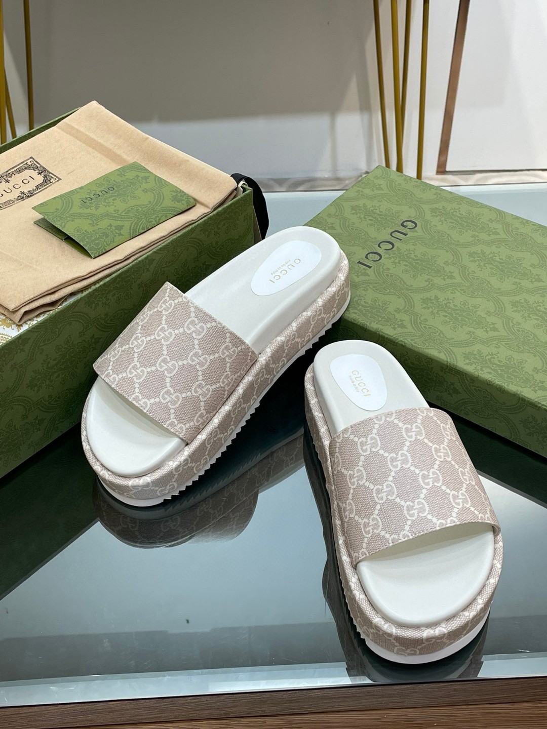 Gucci Jumbo Gg Platform Slide Sandal Beige For Women