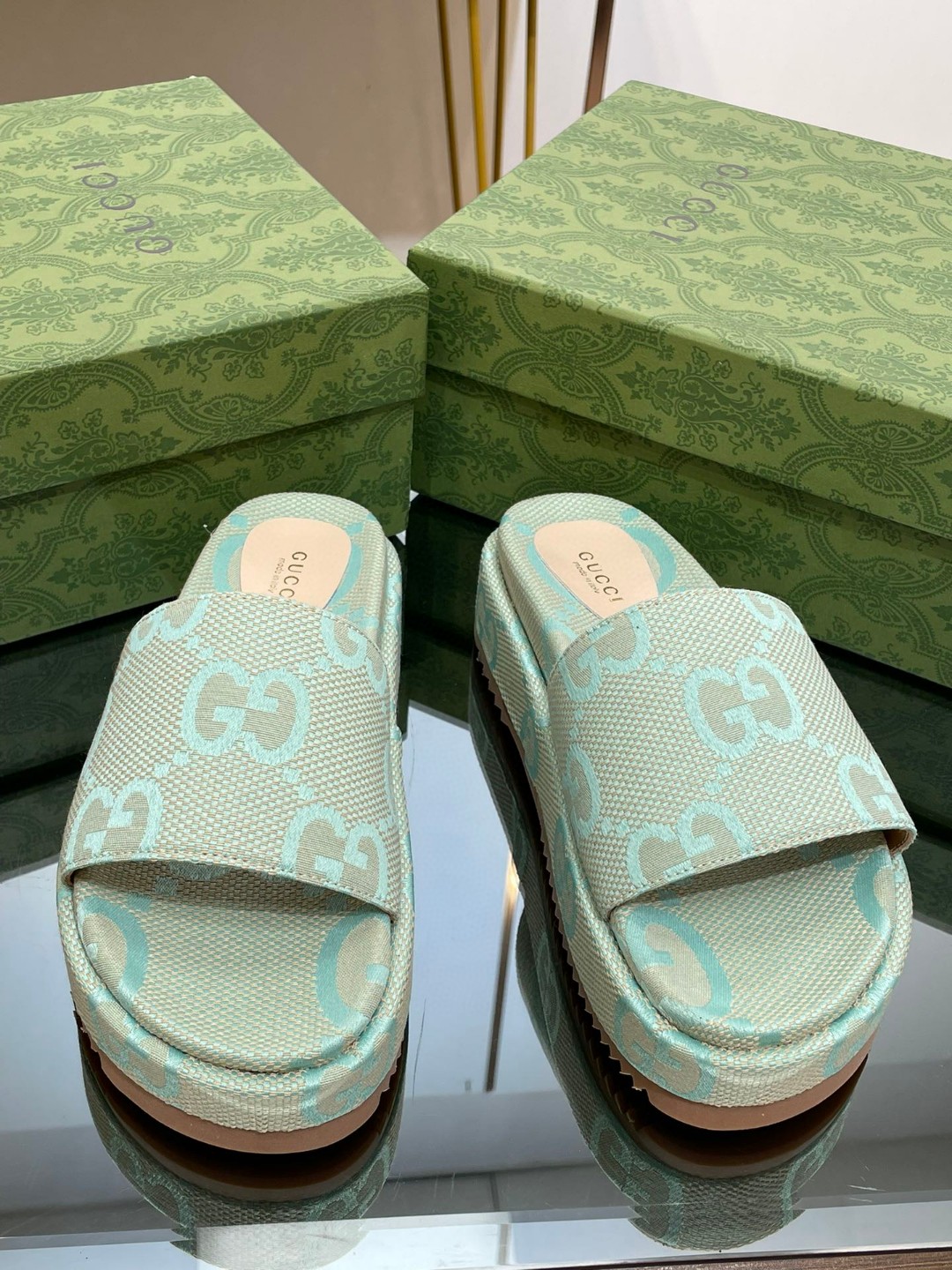 Gucci Jumbo Gg Platform Slide Sandal Light Green For Women