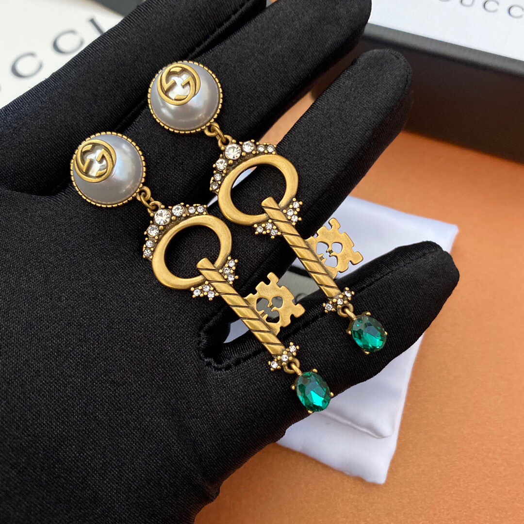 Gucci Key Green Stone Earrings Gold Tone For Women