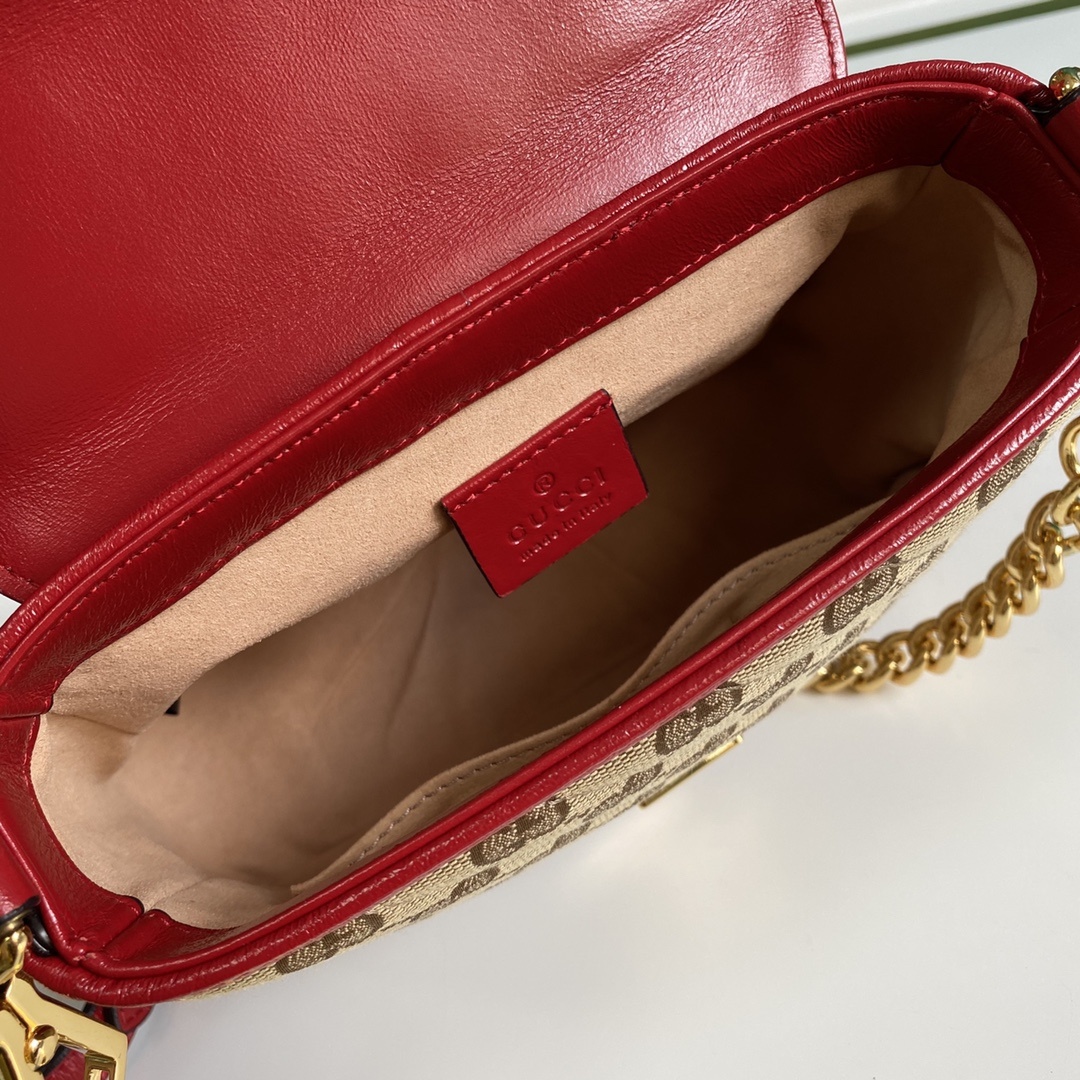 Gucci Ladies GG Canvas Marmont Mini Top Handle Bag Beige And Red GG Canvas For Women 8.3in/21cm GG 583571 HVKEG 8561