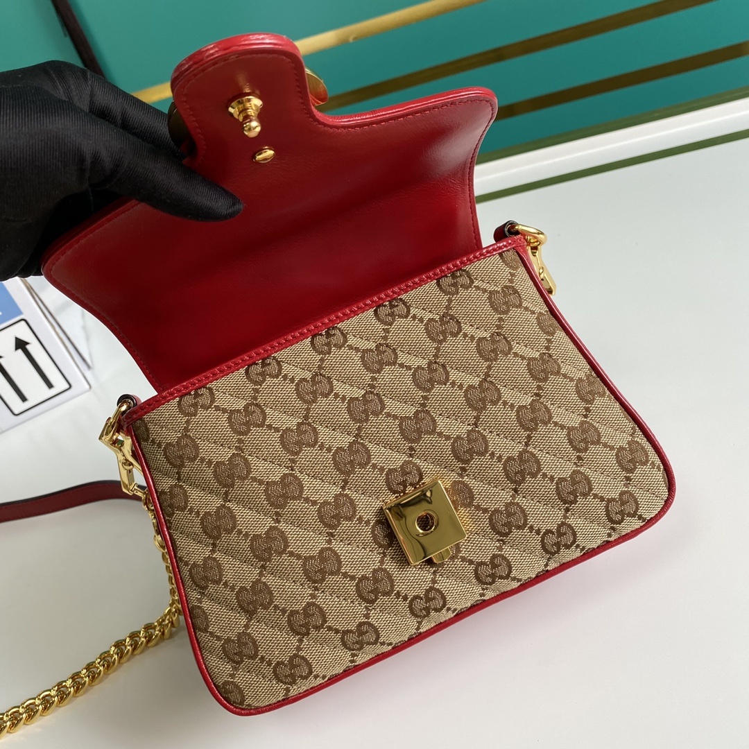 Gucci Ladies GG Canvas Marmont Mini Top Handle Bag Beige And Red GG Canvas For Women 8.3in/21cm GG 583571 HVKEG 8561