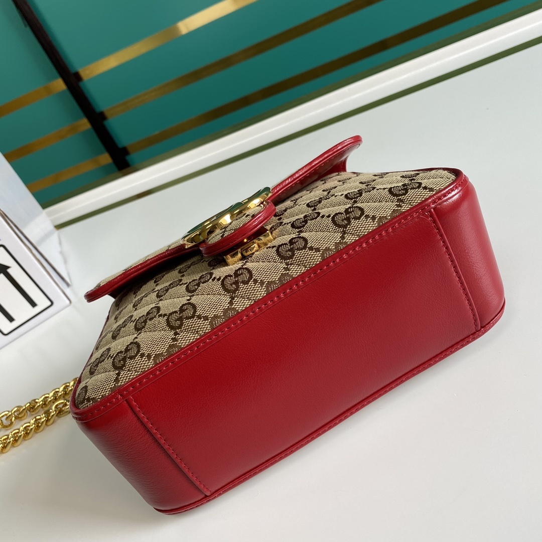 Gucci Ladies GG Canvas Marmont Mini Top Handle Bag Beige And Red GG Canvas For Women 8.3in/21cm GG 583571 HVKEG 8561