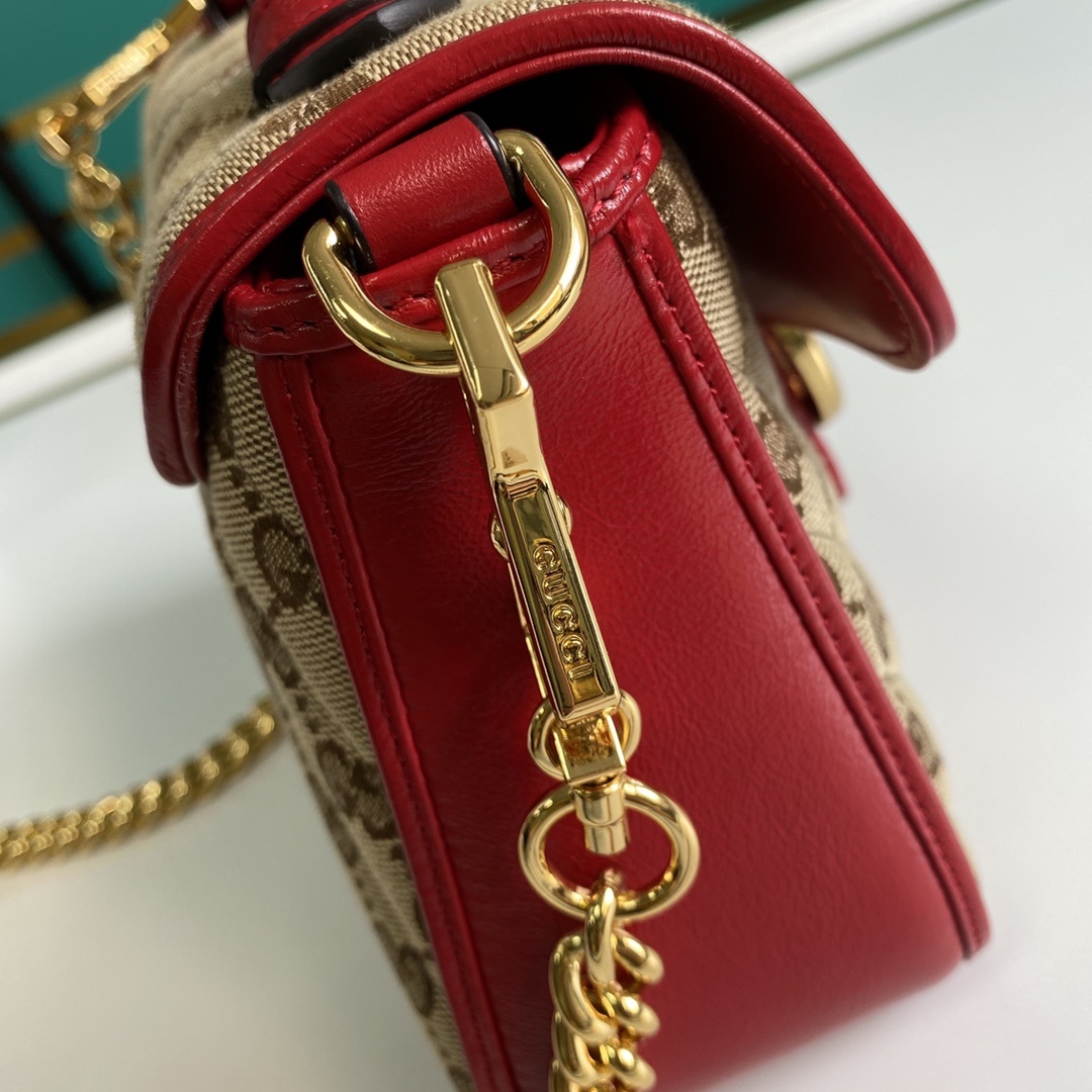 Gucci Ladies GG Canvas Marmont Mini Top Handle Bag Beige And Red GG Canvas For Women 8.3in/21cm GG 583571 HVKEG 8561