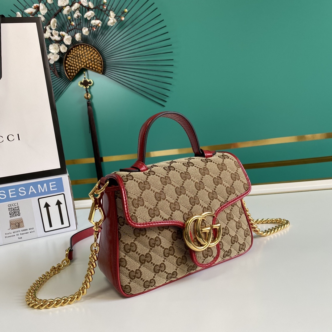 Gucci Ladies GG Canvas Marmont Mini Top Handle Bag Beige And Red GG Canvas For Women 8.3in/21cm GG 583571 HVKEG 8561