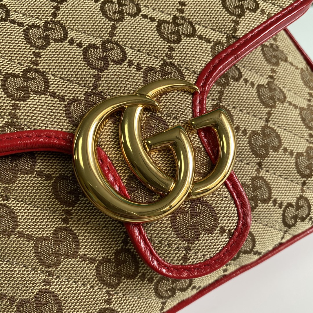 Gucci Ladies GG Canvas Marmont Mini Top Handle Bag Beige And Red GG Canvas For Women 8.3in/21cm GG 583571 HVKEG 8561